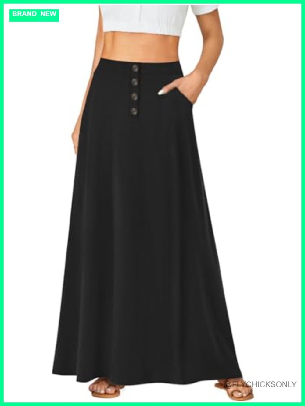 Women's High Waist Button Front A-Line Long Maxi Skirt with Pockets